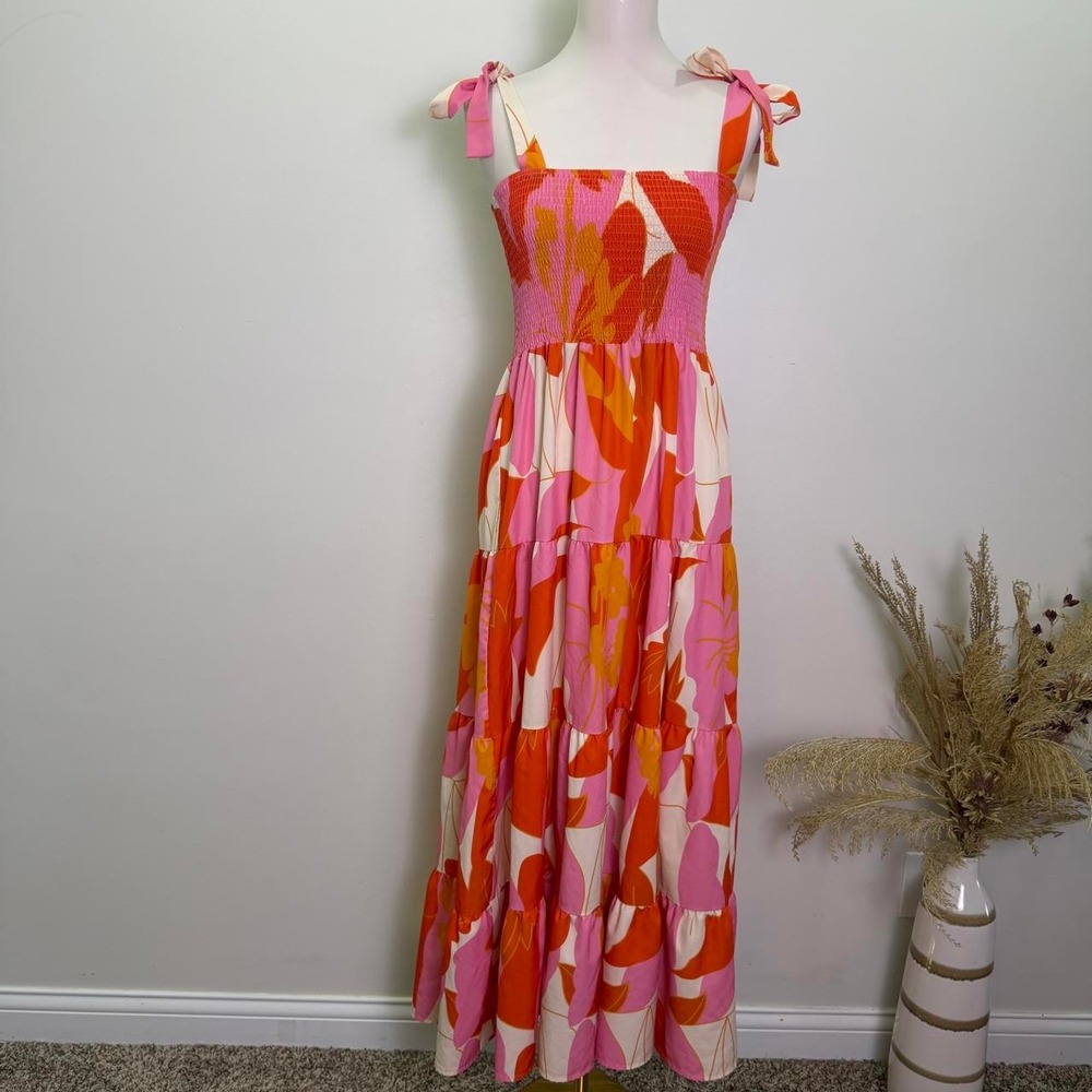 Vibrant Retro Floral Smocked Tiered Tie-Strap Maxi Dress Medium